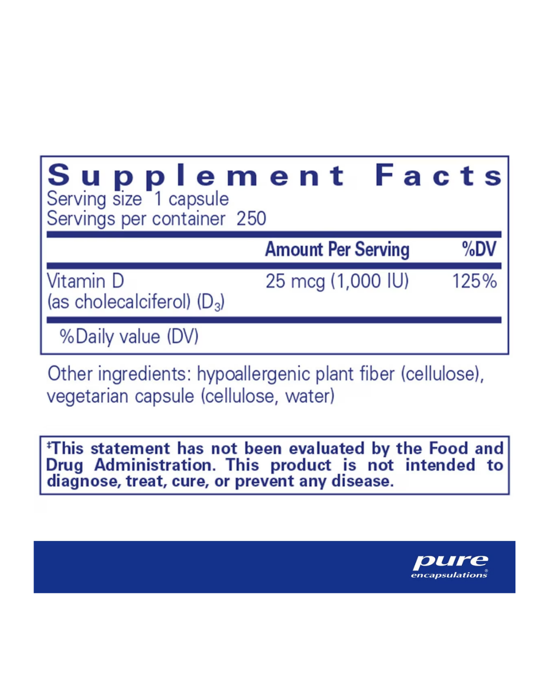 Pure Encapsulations Vitamin D3 5000 IU label showing supplement facts and usage information