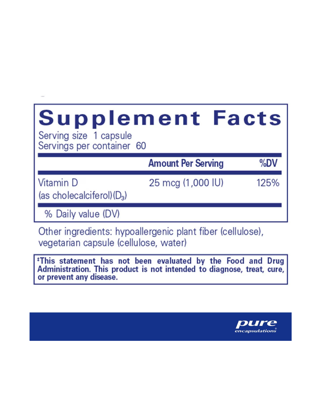 Pure Encapsulations Vitamin D3 1000 IU label showing supplement facts and usage information