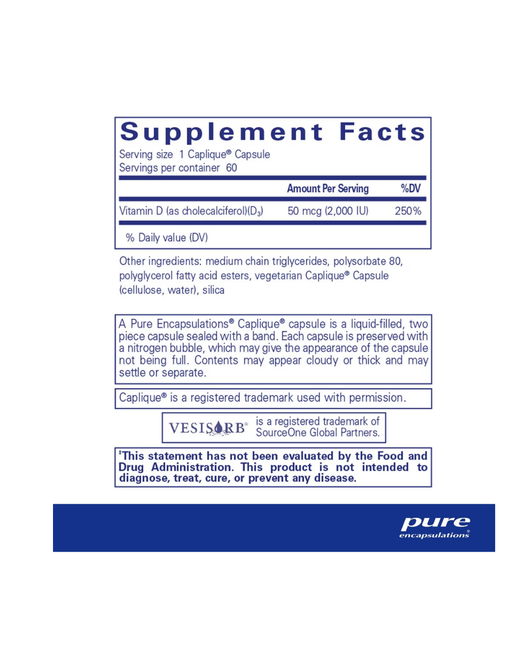 Pure Encapsulations Vitamin D3 VESIsorb label showing supplement facts and usage information