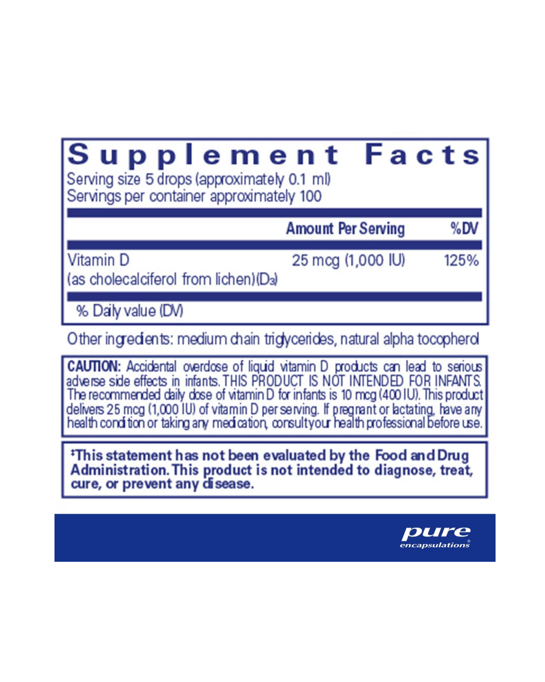Pure Encapsulations Vegan Vitamin D3 Liquid label showing supplement facts and usage information