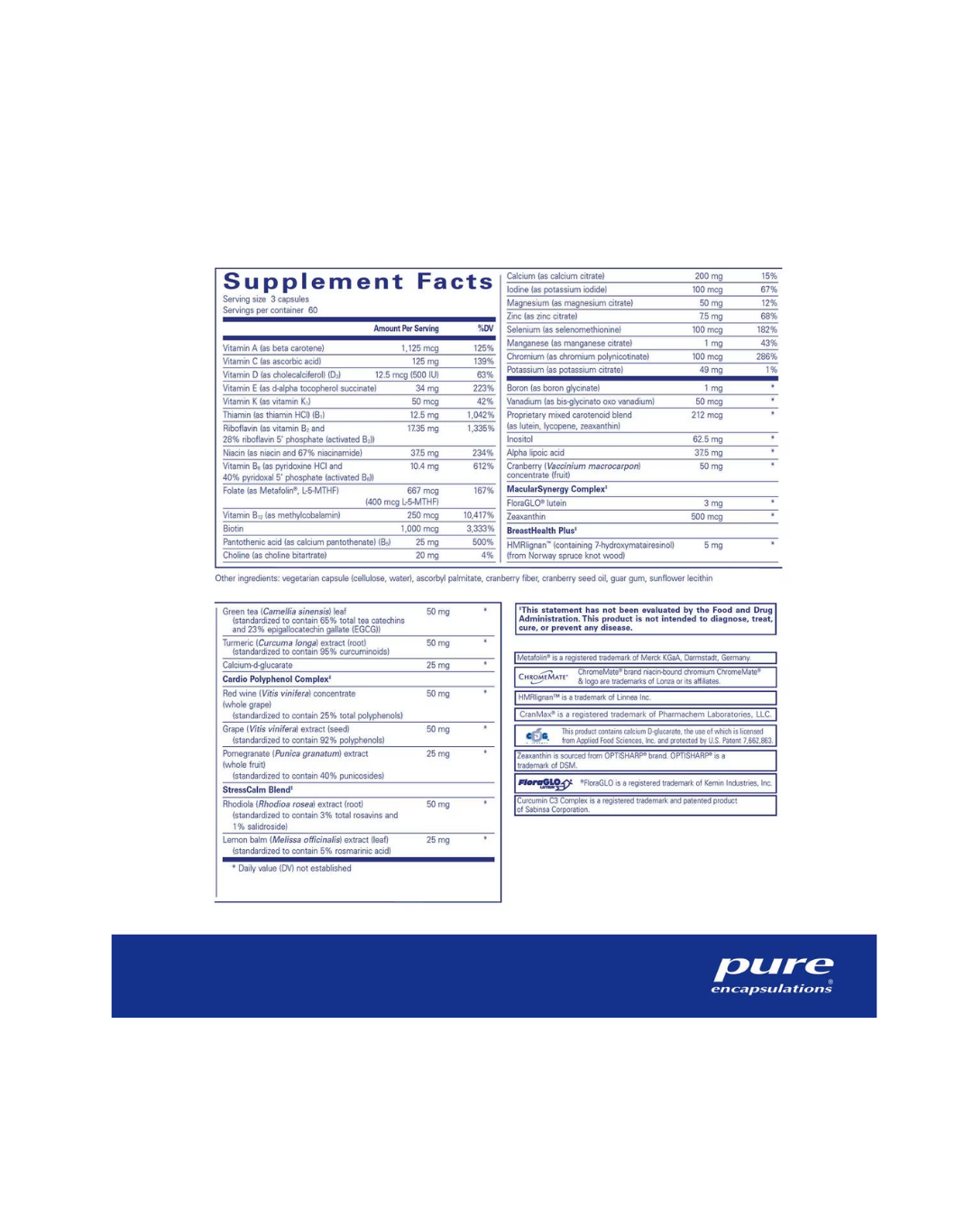 Pure Encapsulations Women’s Nutrients 40+ label showing supplement facts and usage information