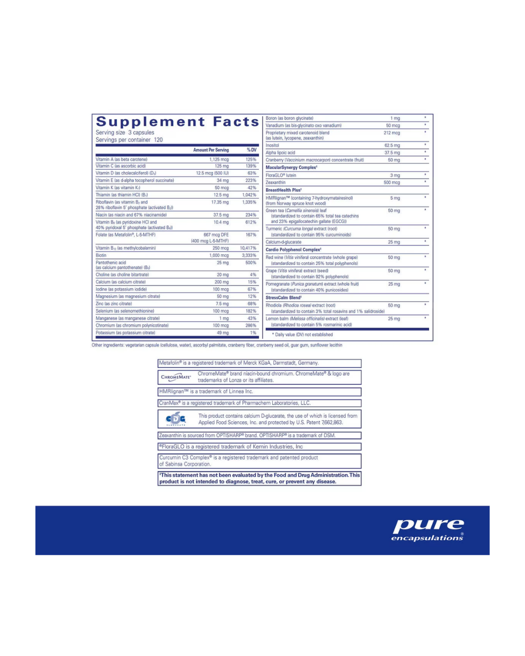 Pure Encapsulations Women’s Nutrients 40+ label showing supplement facts and usage information
