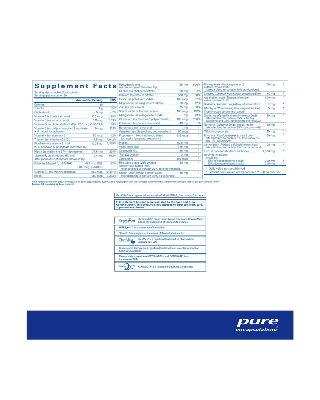 Pure Encapsulations Women’s Pure Pack label showing supplement facts and usage information
