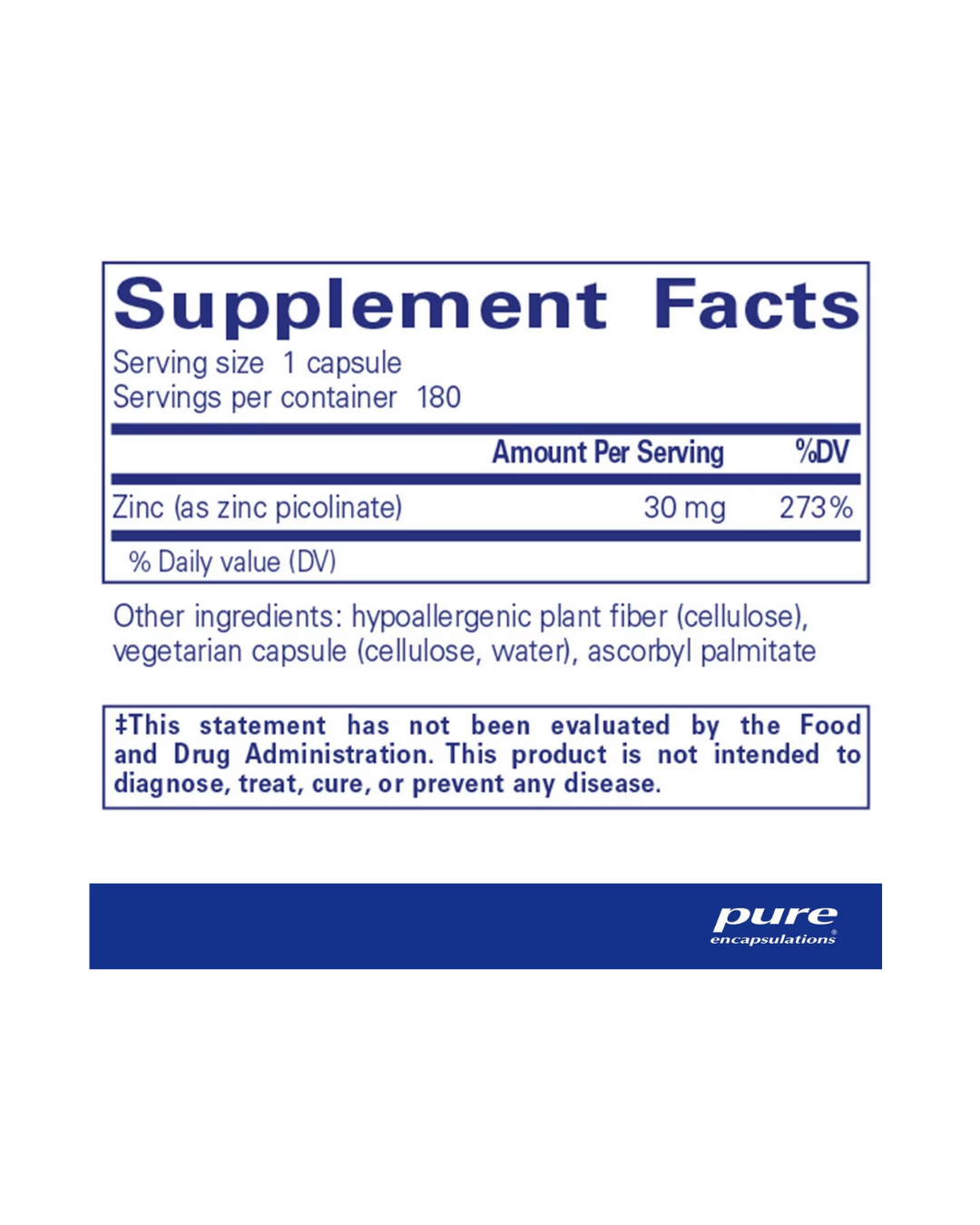 Pure Encapsulations Zinc 30 label showing supplement facts and usage information