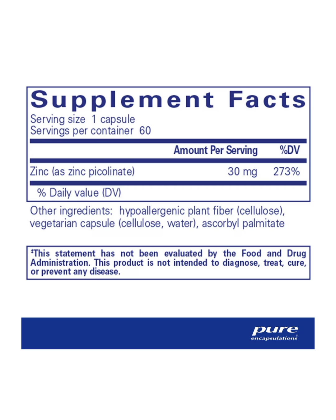 Pure Encapsulations Zinc 30 label showing supplement facts and usage information