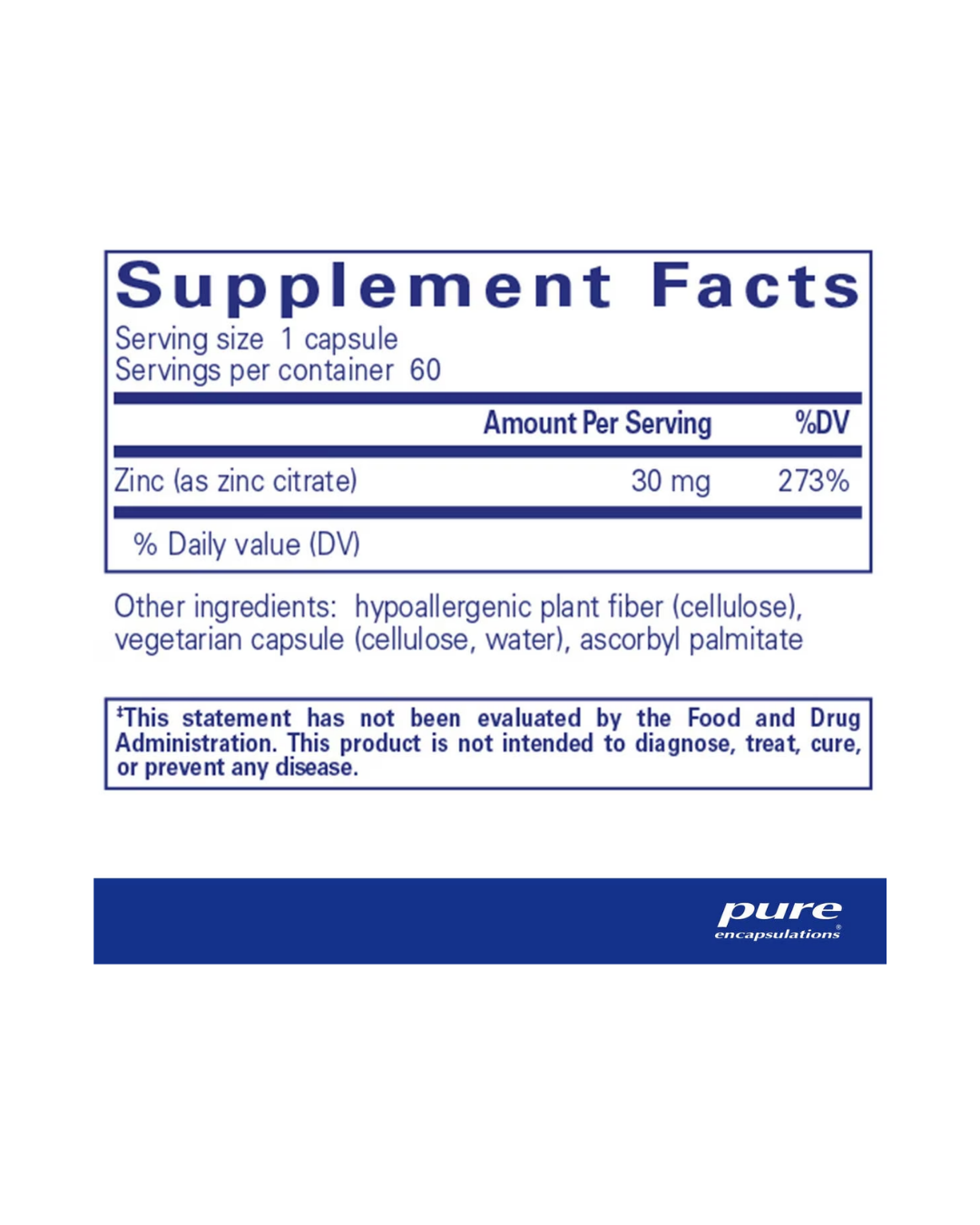 Pure Encapsulations Zinc Citrate label showing supplement facts and usage information