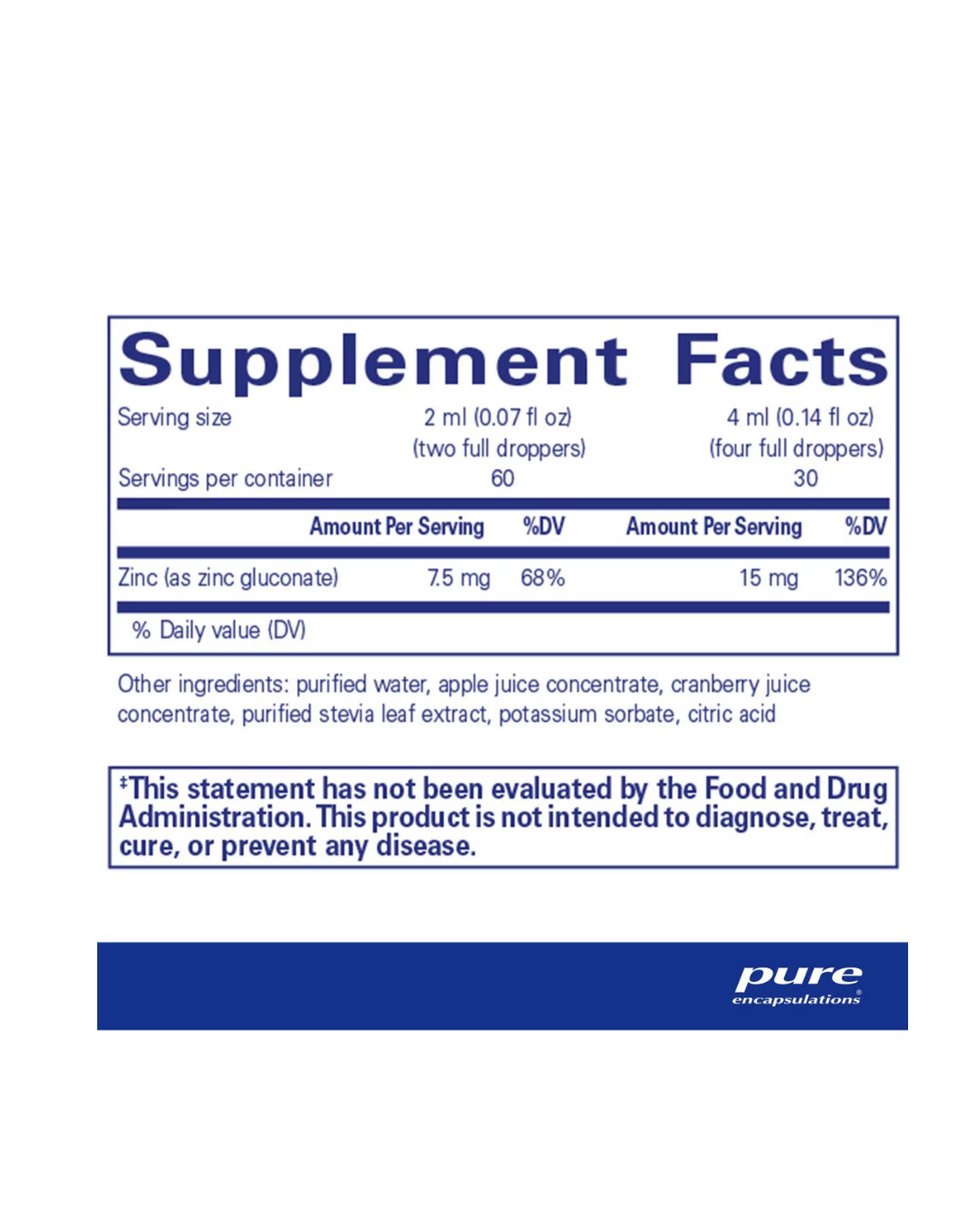 Pure Encapsulations Zinc Liquid 15 mg label showing supplement facts and usage information