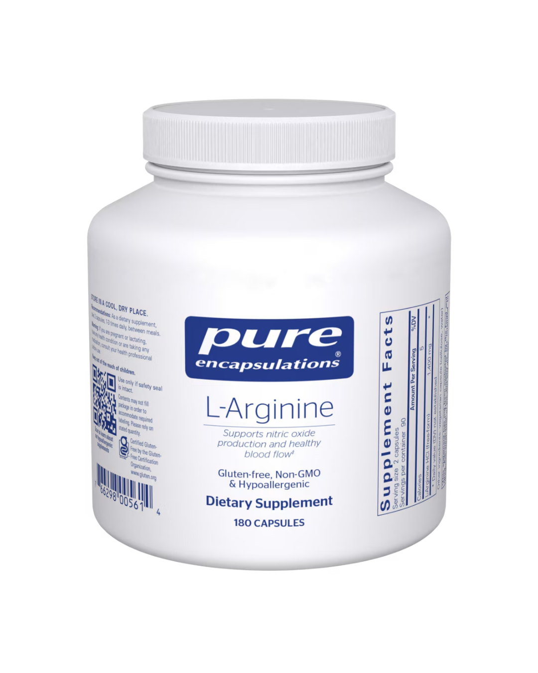 Pure Encapsulations l-Arginine label showing supplement facts and usage information
