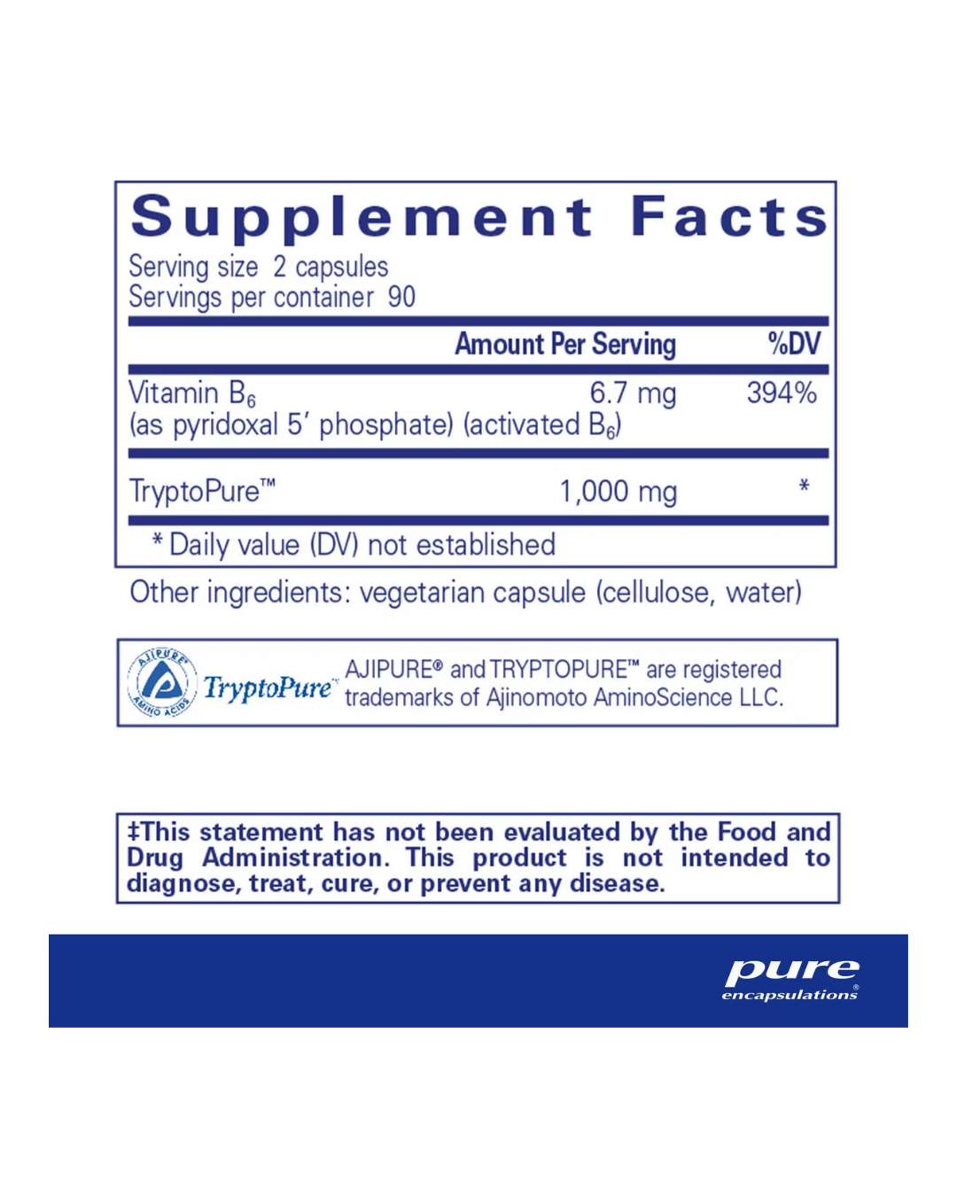 Pure Encapsulations l-Tryptophan supplement bottle packaging