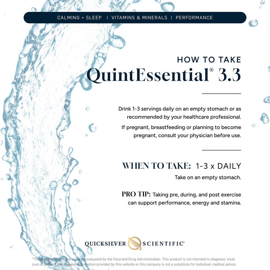 QUICKSILVER QuintEssential® 3.3 Sachets label showing active ingredients, nutrient breakdown, and recommended serving