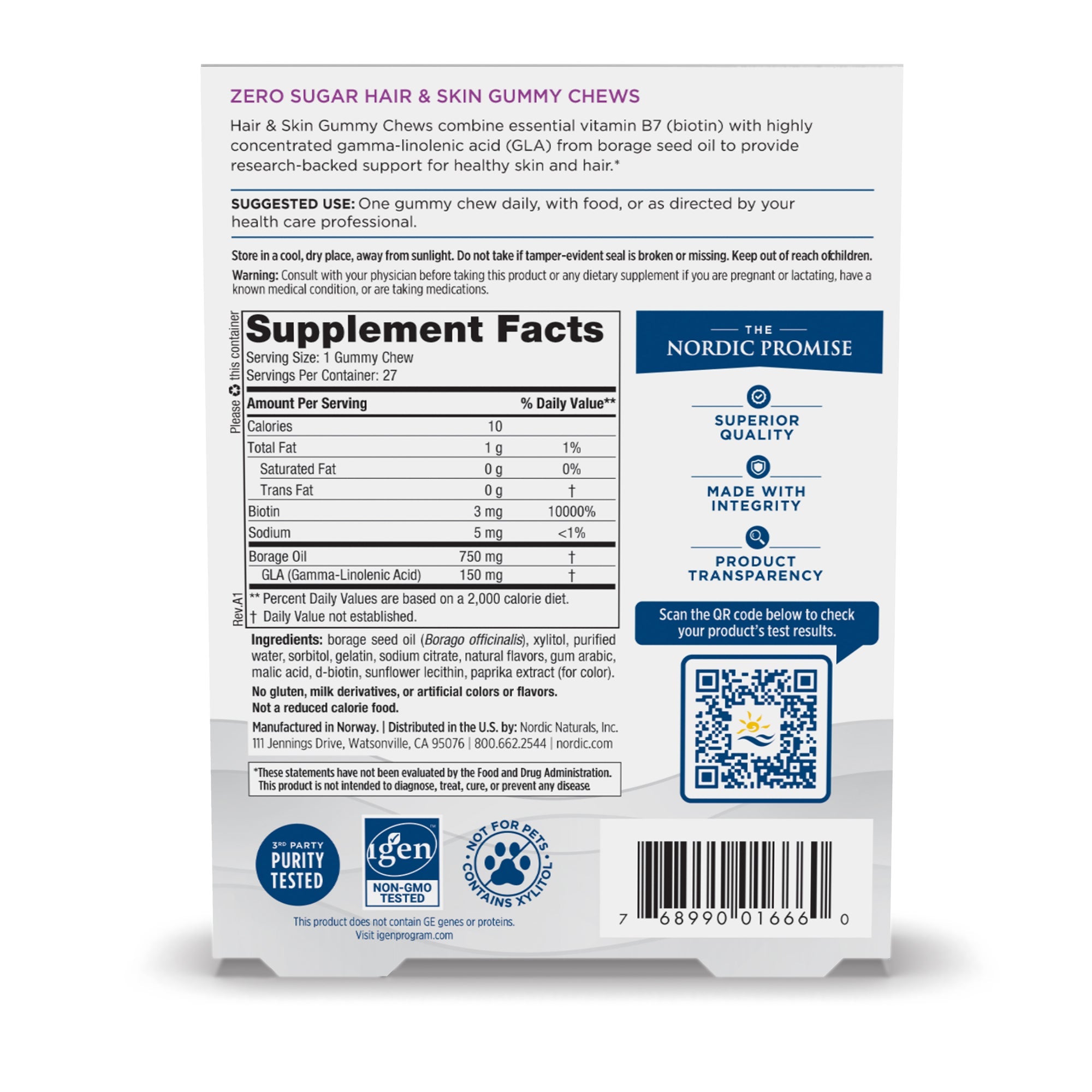 NORDIC NATURALS Zero Sugar Hair and Skin Gummy Chews