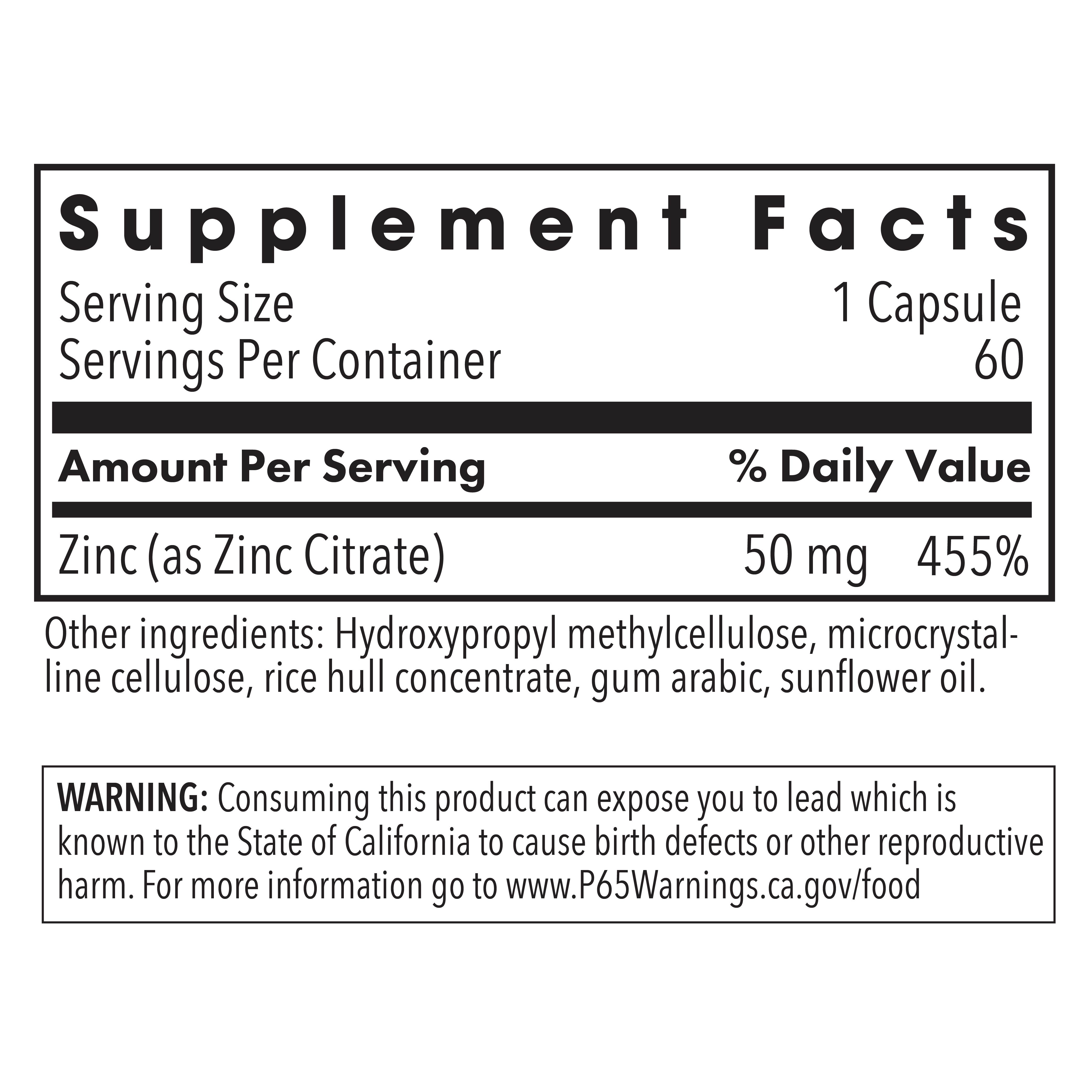 Allergy Research Group Zinc Citrate 50 mg bottle displaying mineral supplement packaging