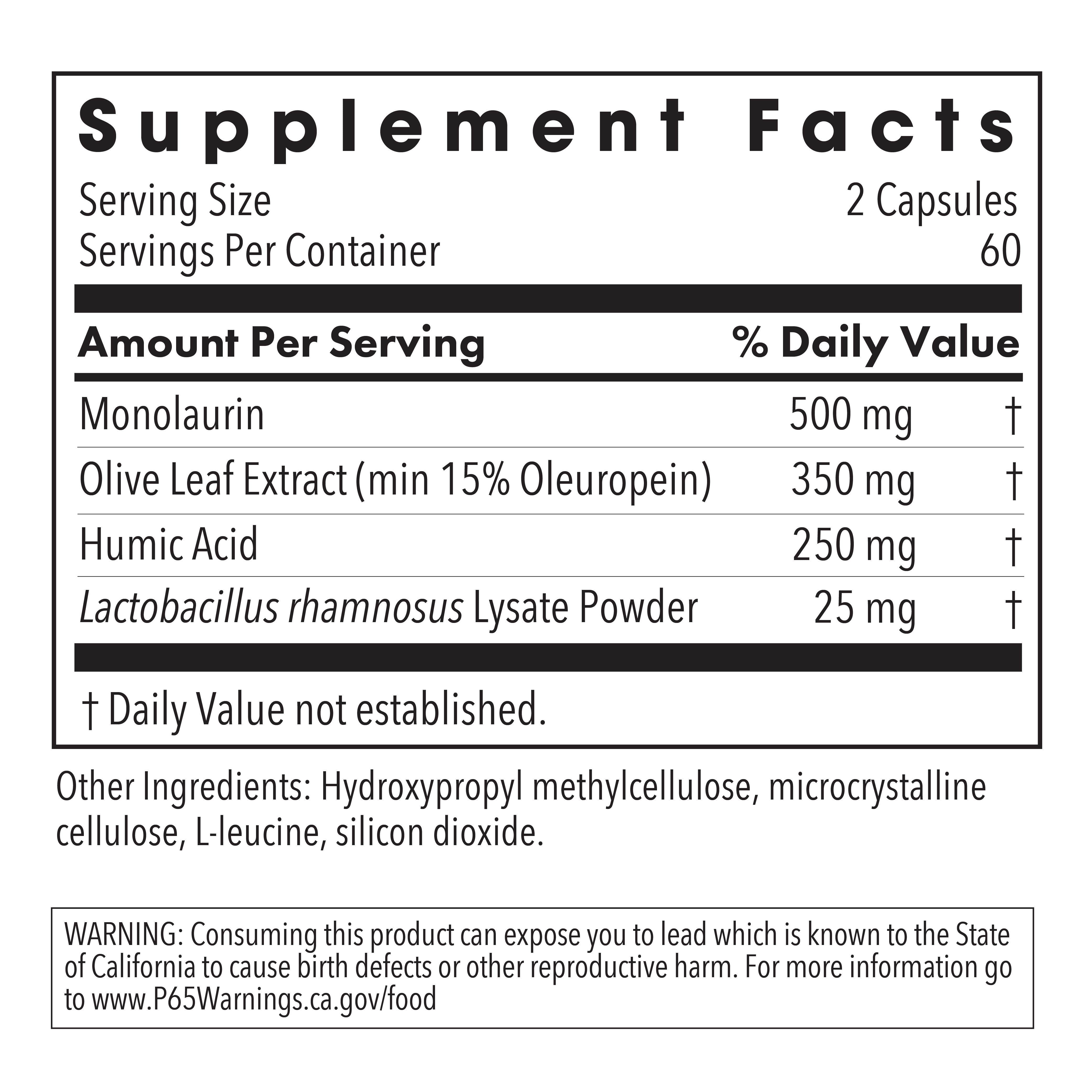 Allergy Research Group Humic Monolaurin Complex bottle displaying immune support supplement packaging