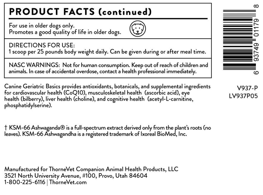 Thorne Canine Geriatric Basics Powder container showing supplement packaging and branding