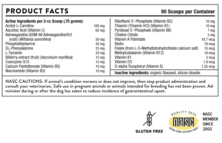 Thorne Canine Geriatric Basics Powder label showing supplement facts and usage information