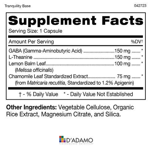 D’Adamo Personalized Nutrition Tranquility Base bottle showing supplement label and packaging