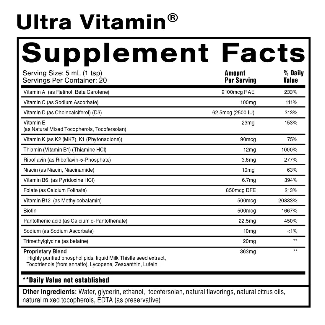 QUICKSILVER Ultra Vitamin bottle showing packaging, label, and liquid supplement size