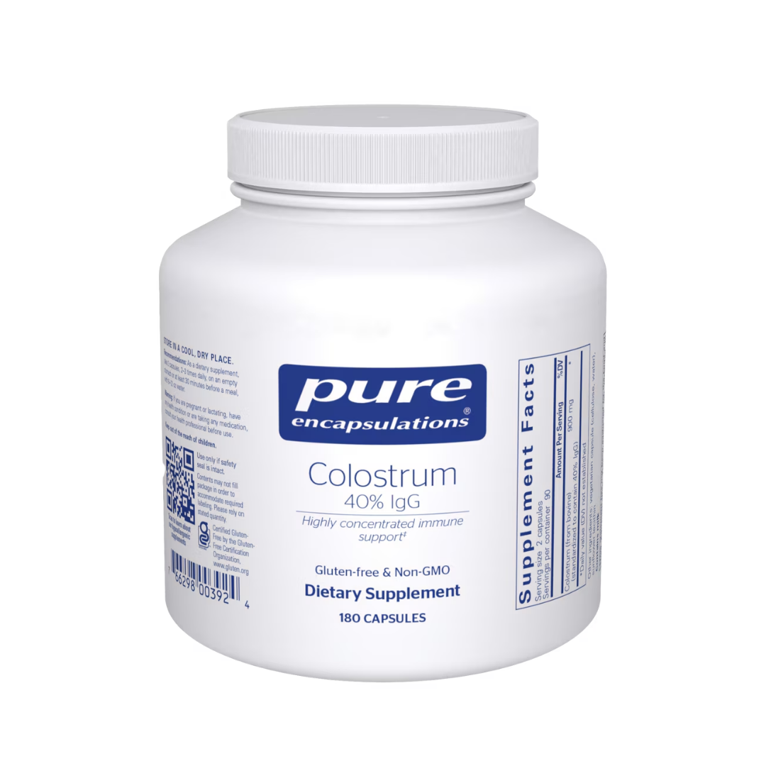 Pure Encapsulations Colostrum 40 Percent IgG bottle showing supplement packaging and branding