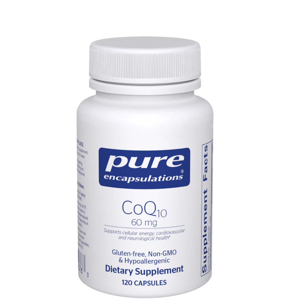 Pure Encapsulations CoQ10 60 mg bottle showing supplement packaging and branding