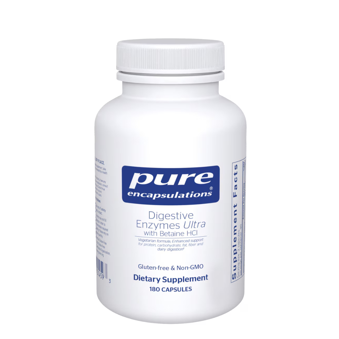 Pure Encapsulations Digestive Enzymes Ultra with Betaine HCl bottle showing supplement packaging and branding