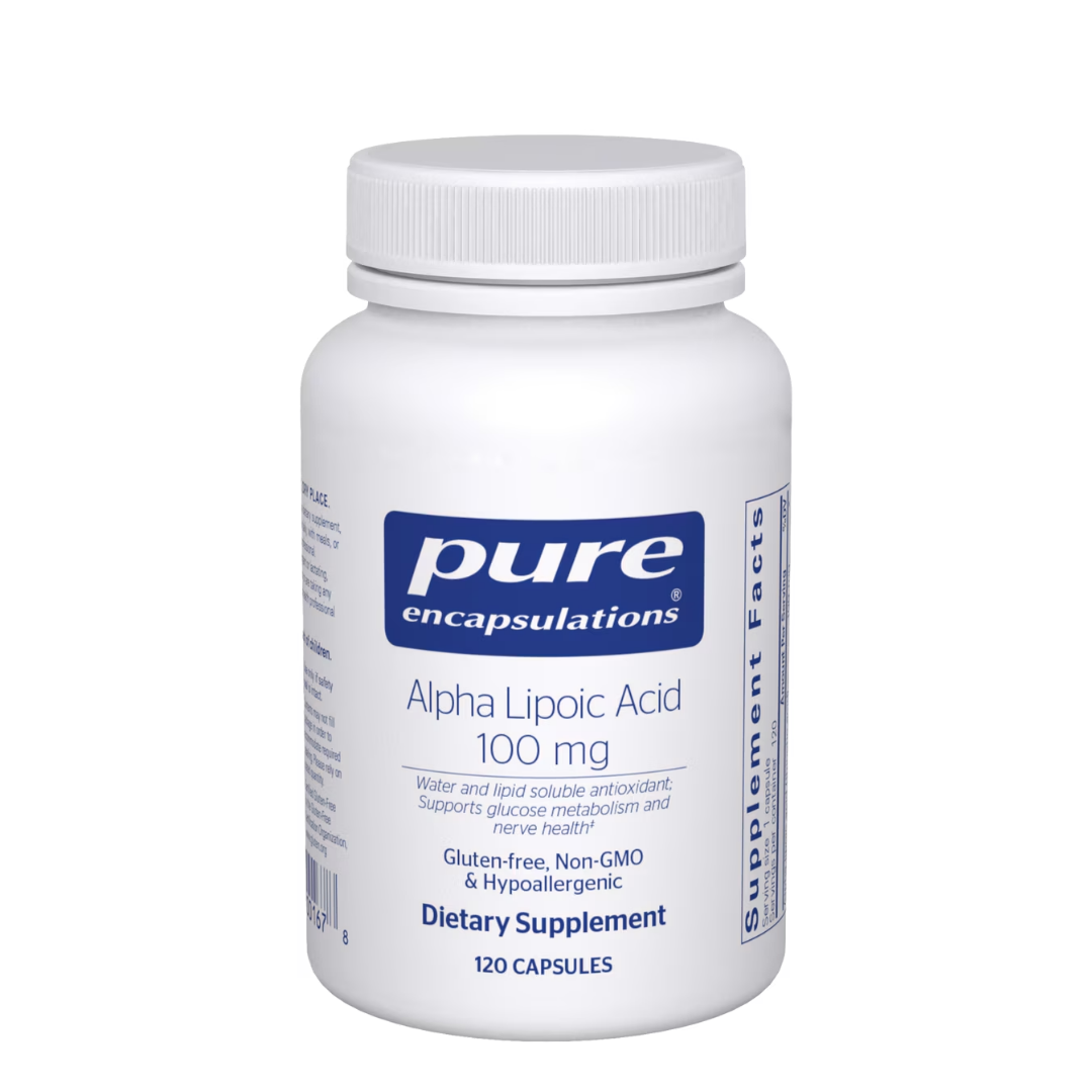 Pure Encapsulations Alpha Lipoic Acid 100 mg bottle showing supplement packaging and branding