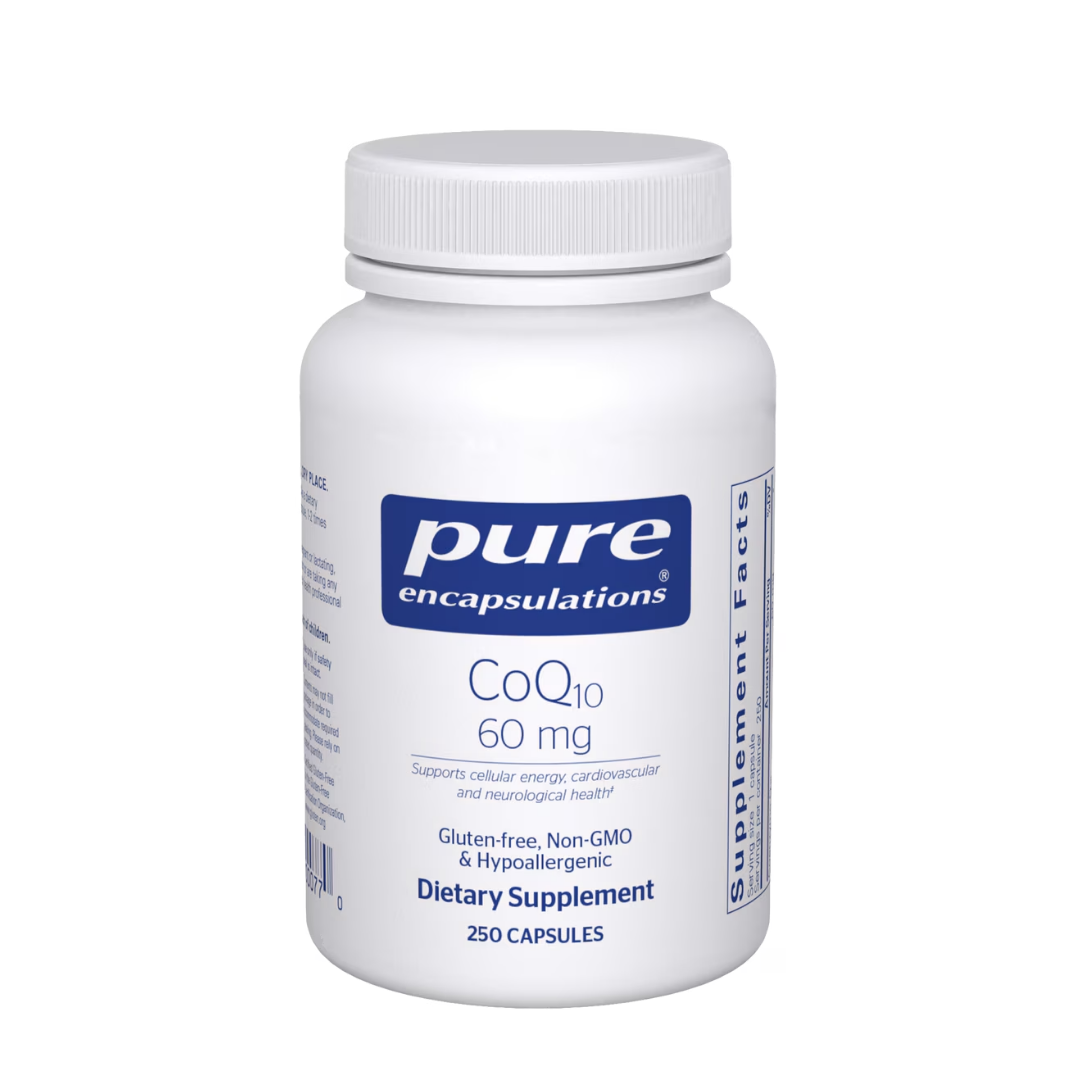 Pure Encapsulations CoQ10 60 mg label showing supplement facts and usage information