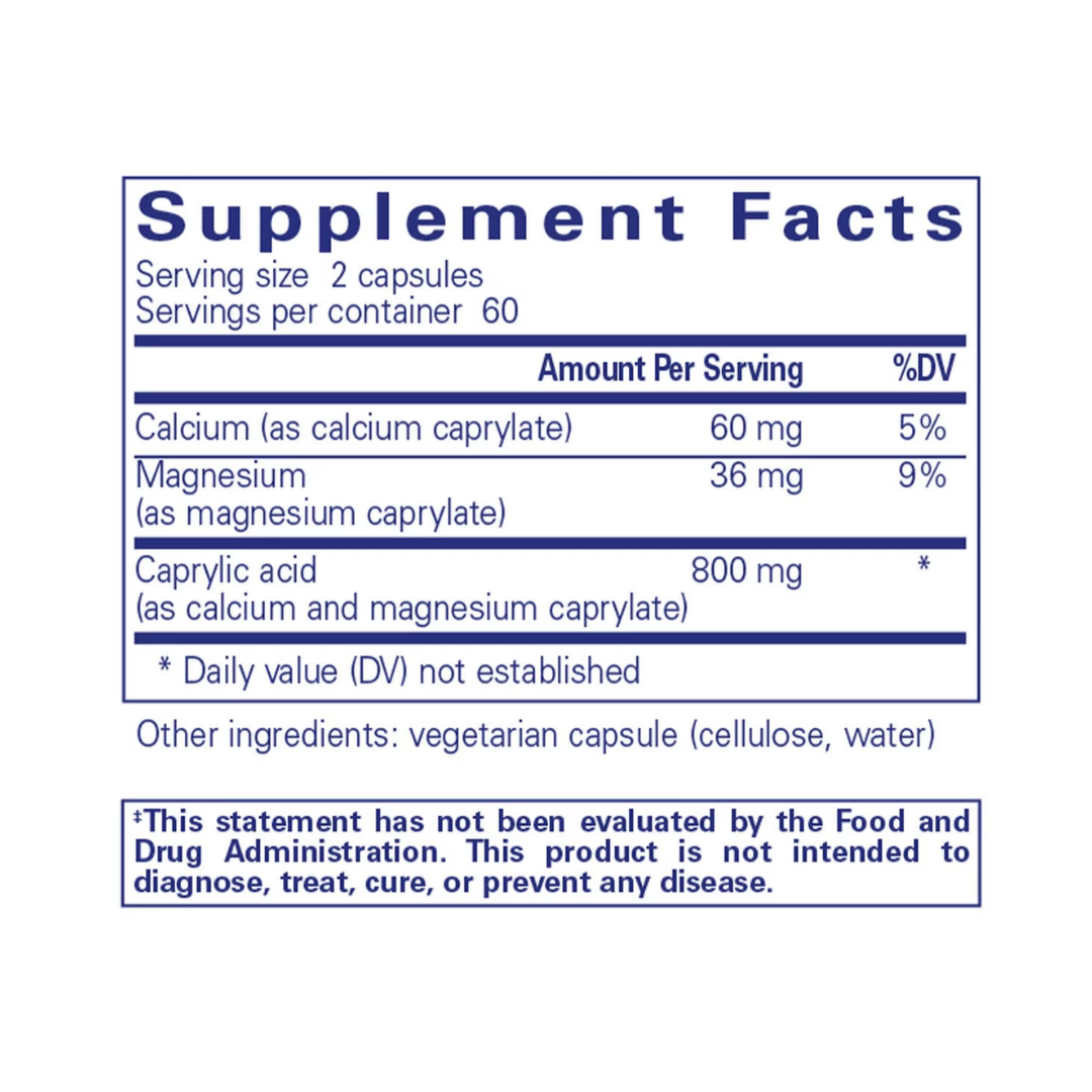 Pure Encapsulations Caprylic Acid label showing supplement facts and usage information