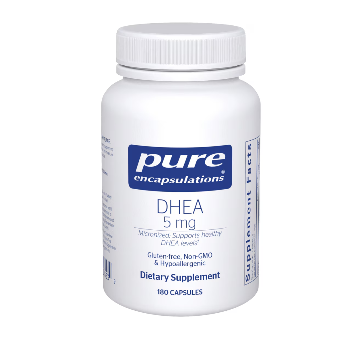 Pure Encapsulations DHEA 5 mg bottle showing supplement packaging and branding