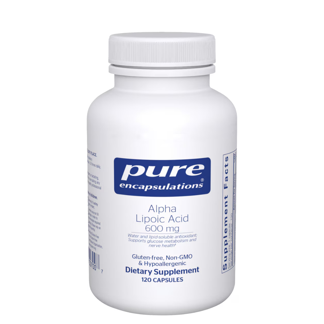 Pure Encapsulations Alpha Lipoic Acid 600 mg bottle showing supplement packaging and branding