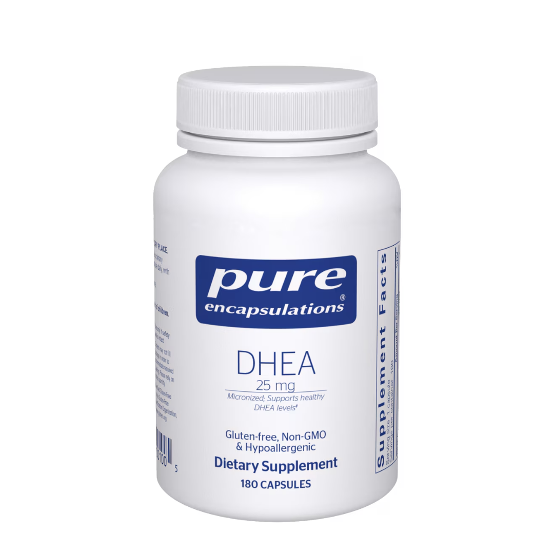 Pure Encapsulations DHEA 25 mg bottle showing supplement packaging and branding
