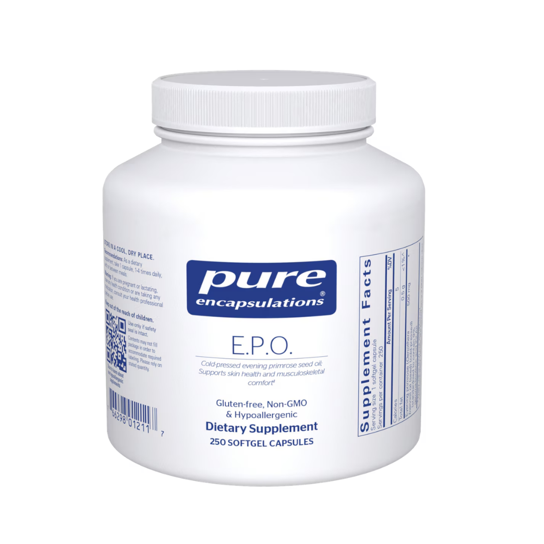 Pure Encapsulations EPO Evening Primrose Oil bottle showing supplement packaging and branding