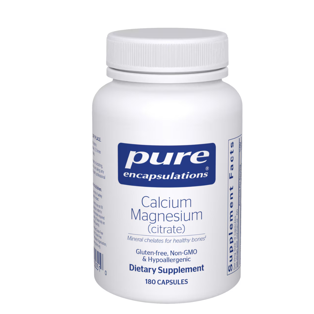 Pure Encapsulations Calcium Magnesium Citrate bottle showing supplement packaging and branding