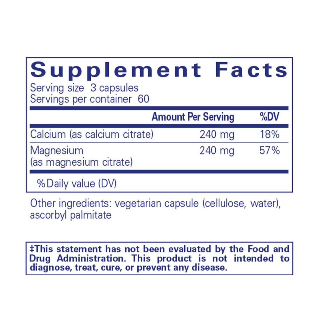 Pure Encapsulations Calcium Magnesium Citrate label showing supplement facts and usage information