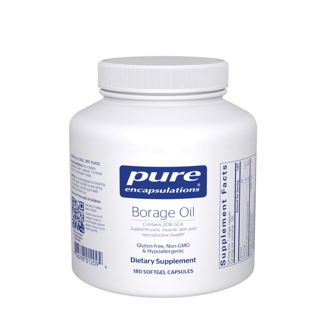 Pure Encapsulations Borage Oil bottle showing supplement packaging and branding