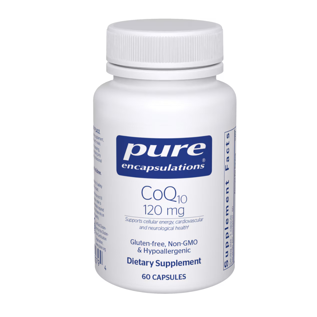 Pure Encapsulations CoQ10 120 mg bottle showing supplement packaging and branding