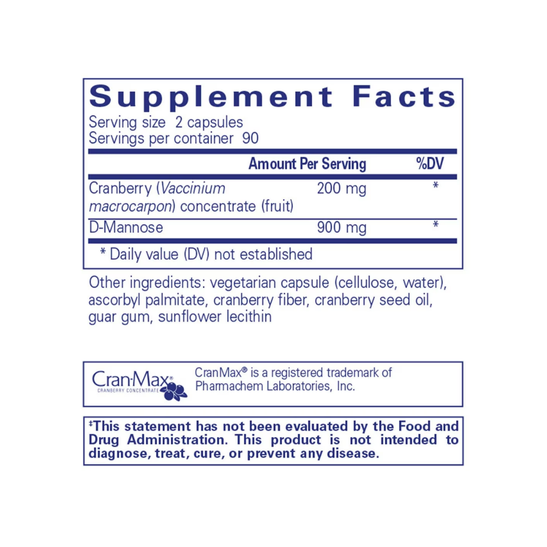 Pure Encapsulations D-Mannose Powder label showing supplement facts and usage information