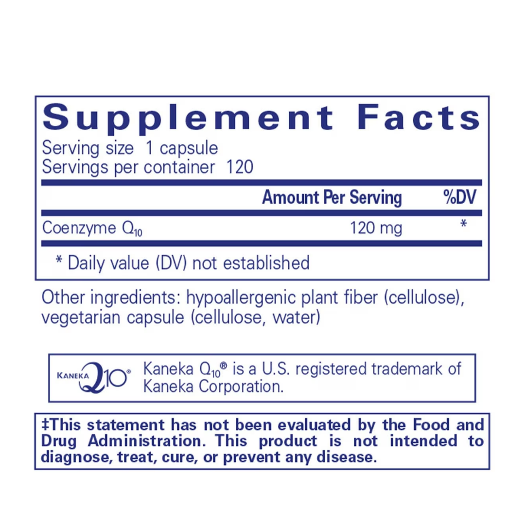 Pure Encapsulations CoQ10 120 mg label showing supplement facts and usage information