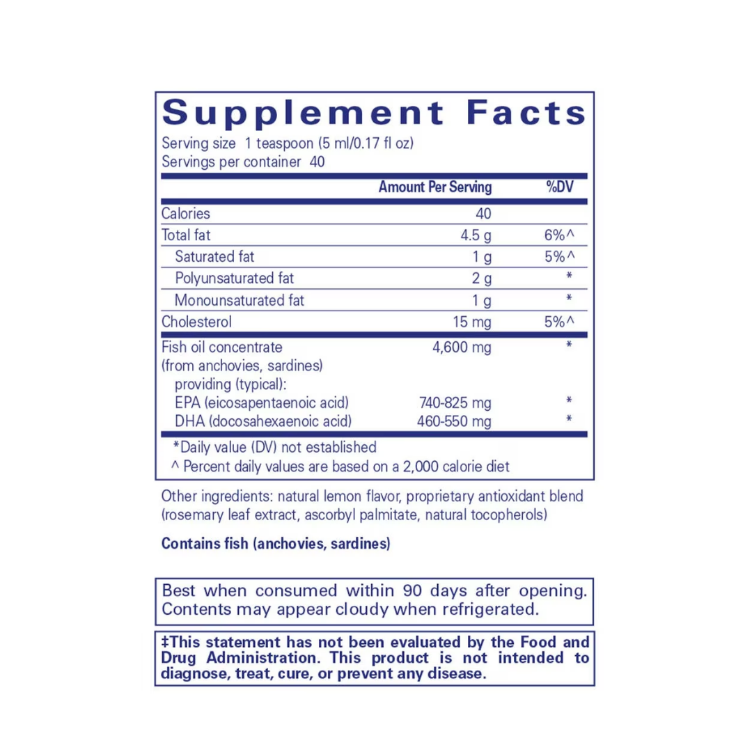 Pure Encapsulations EPA/DHA Liquid omega-3 bottle packaging with supplement label