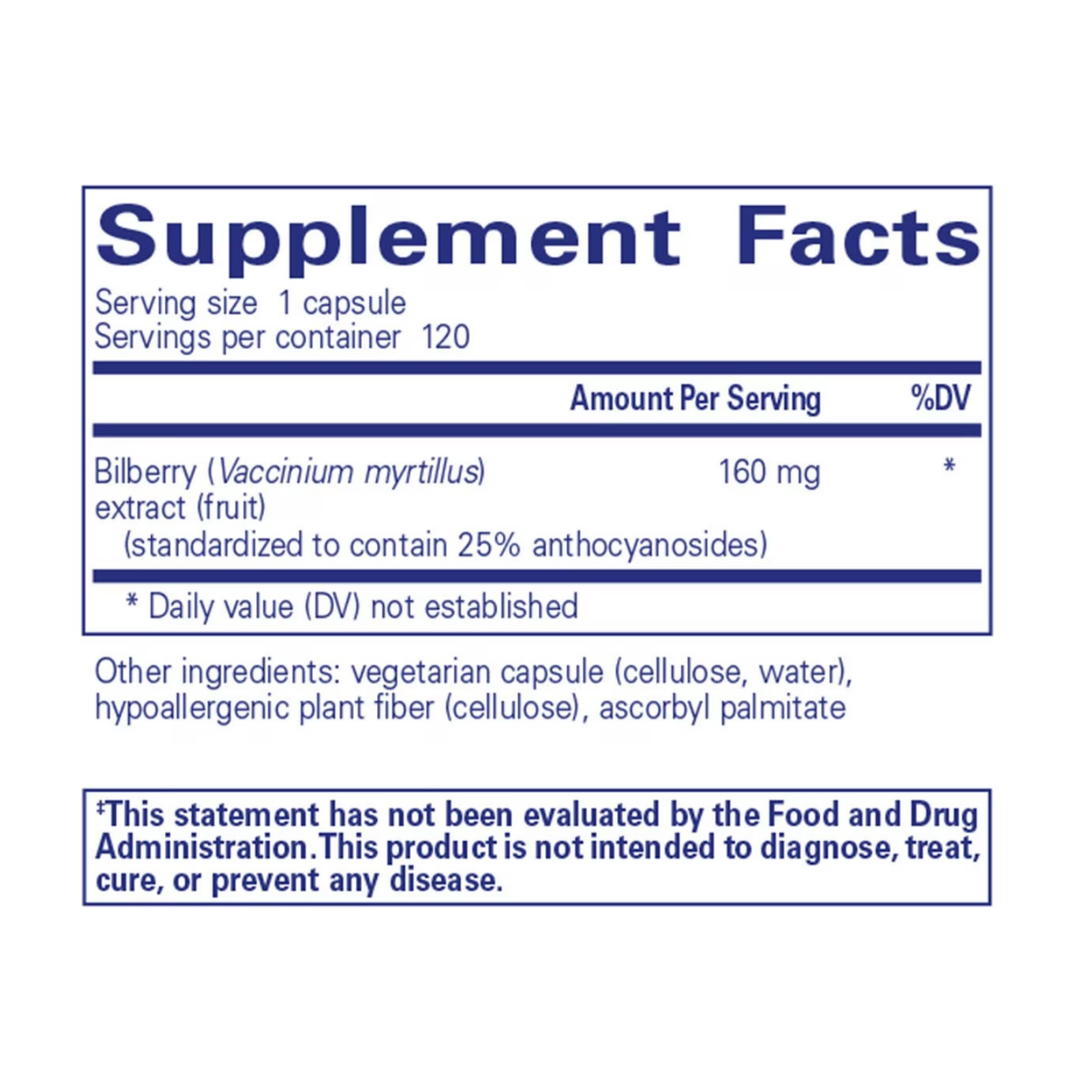 Pure Encapsulations Bilberry 160 mg bottle showing supplement packaging and branding