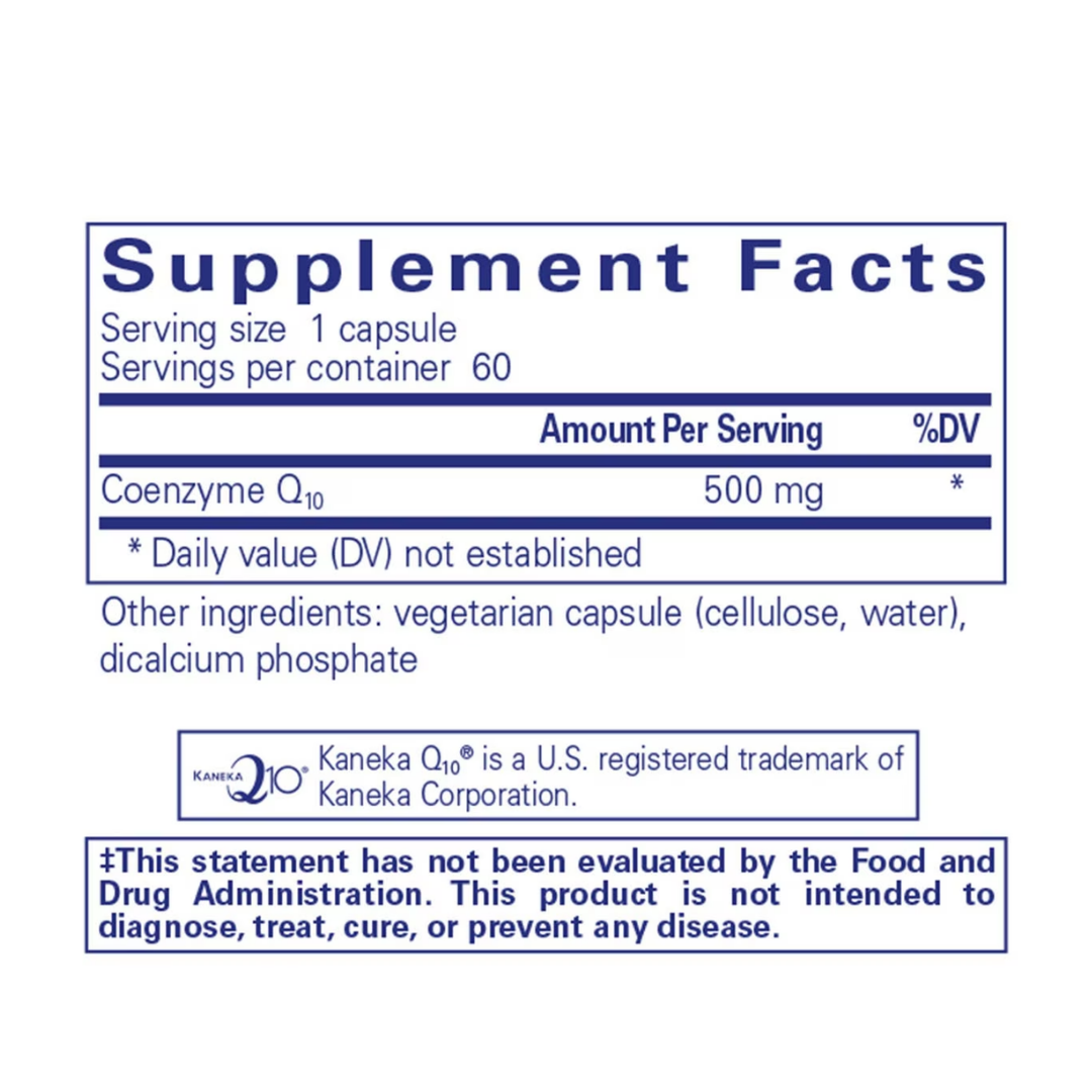 Pure Encapsulations CoQ10 500 mg bottle showing supplement packaging and branding