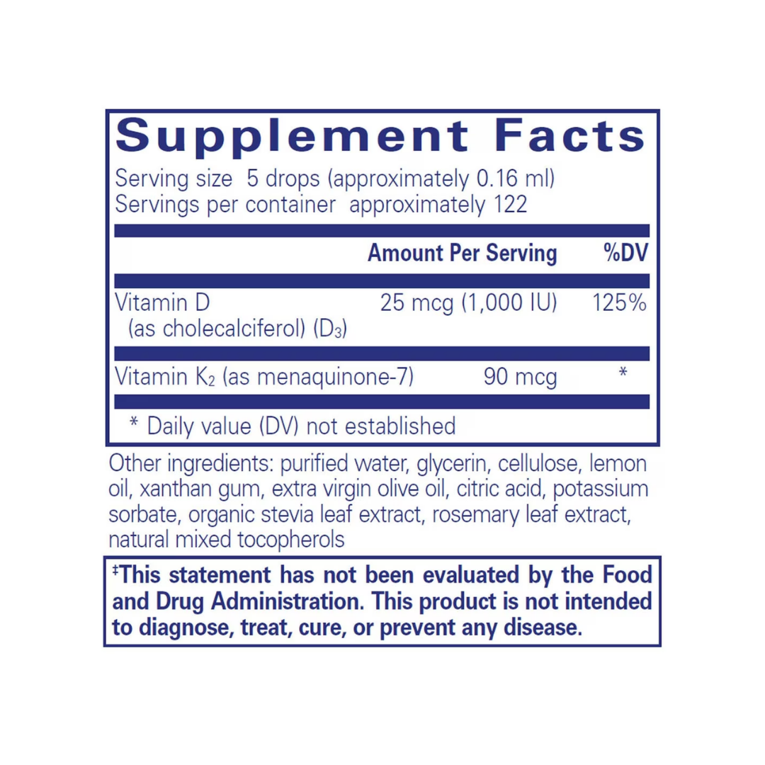 Pure Encapsulations EmulsiSorb K2 D3 Liquid bottle showing supplement packaging and branding