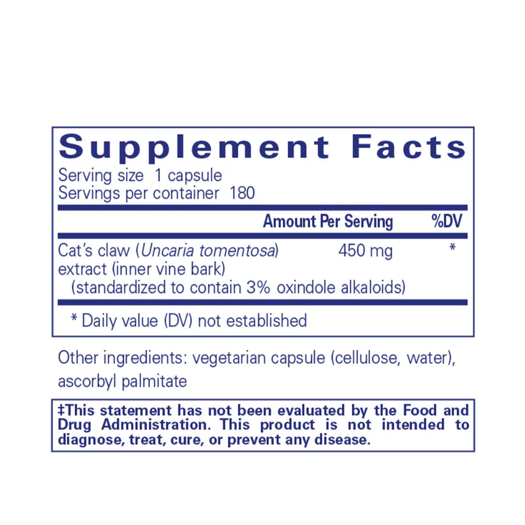 Pure Encapsulations Cat's Claw label showing supplement facts and usage information
