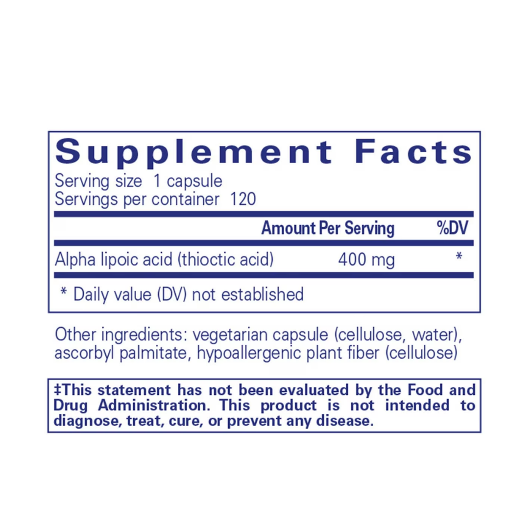 Pure Encapsulations Alpha Lipoic Acid 400 mg label showing supplement facts and usage information
