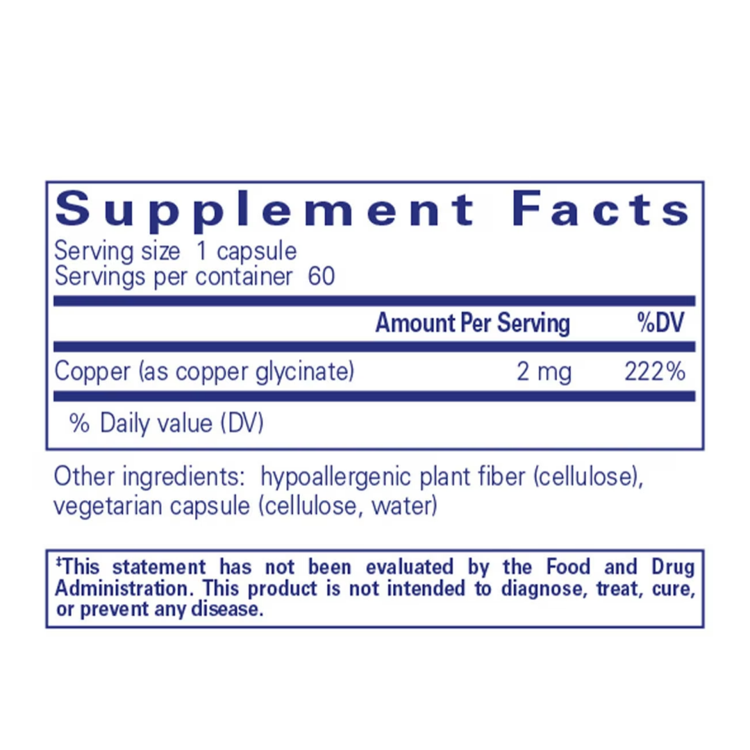 Pure Encapsulations Copper Glycinate bottle showing supplement packaging and branding