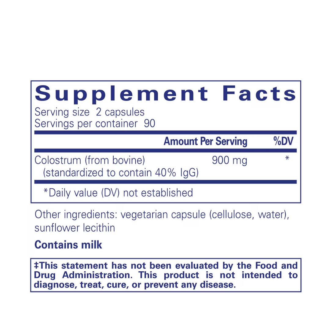 Pure Encapsulations Colostrum 40 Percent IgG label showing supplement facts and usage information