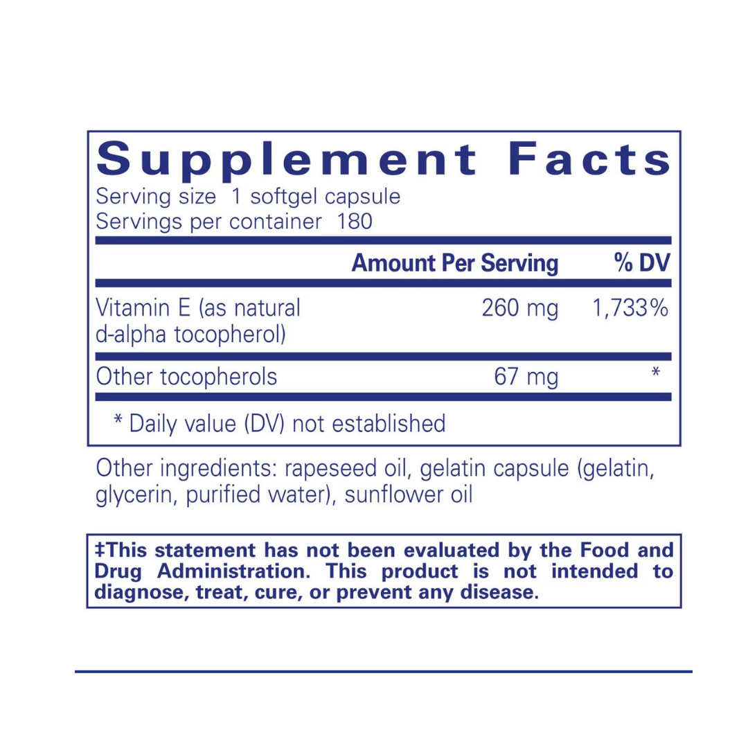 Pure Encapsulations Vitamin E with Mixed Tocopherols label showing supplement facts and usage information