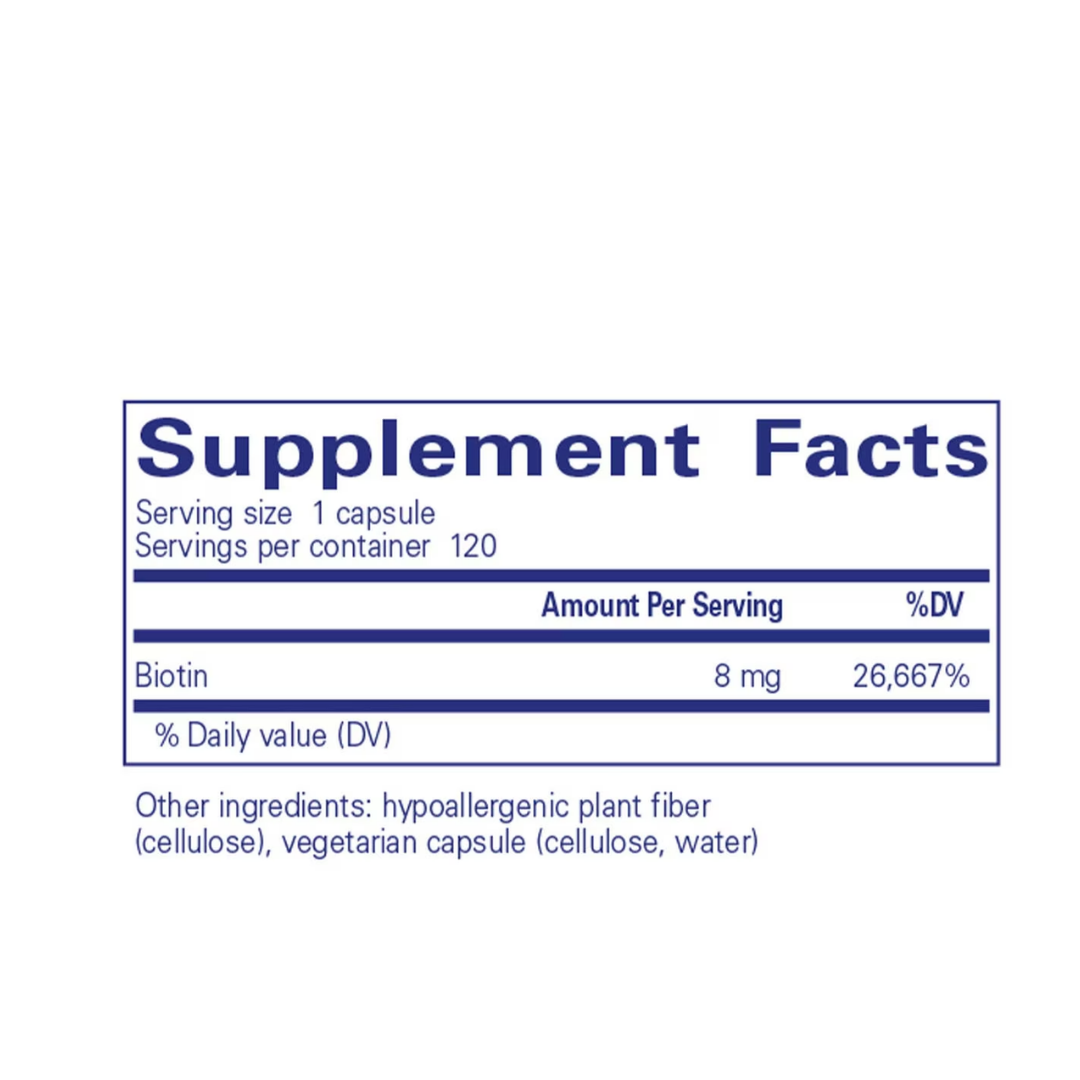Pure Encapsulations Biotin 8 mg bottle showing supplement packaging and branding