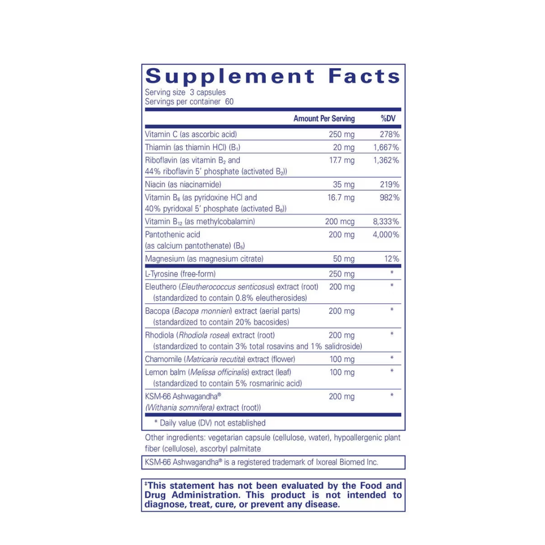 Pure Encapsulations Daily Stress Formula label showing supplement facts and usage information