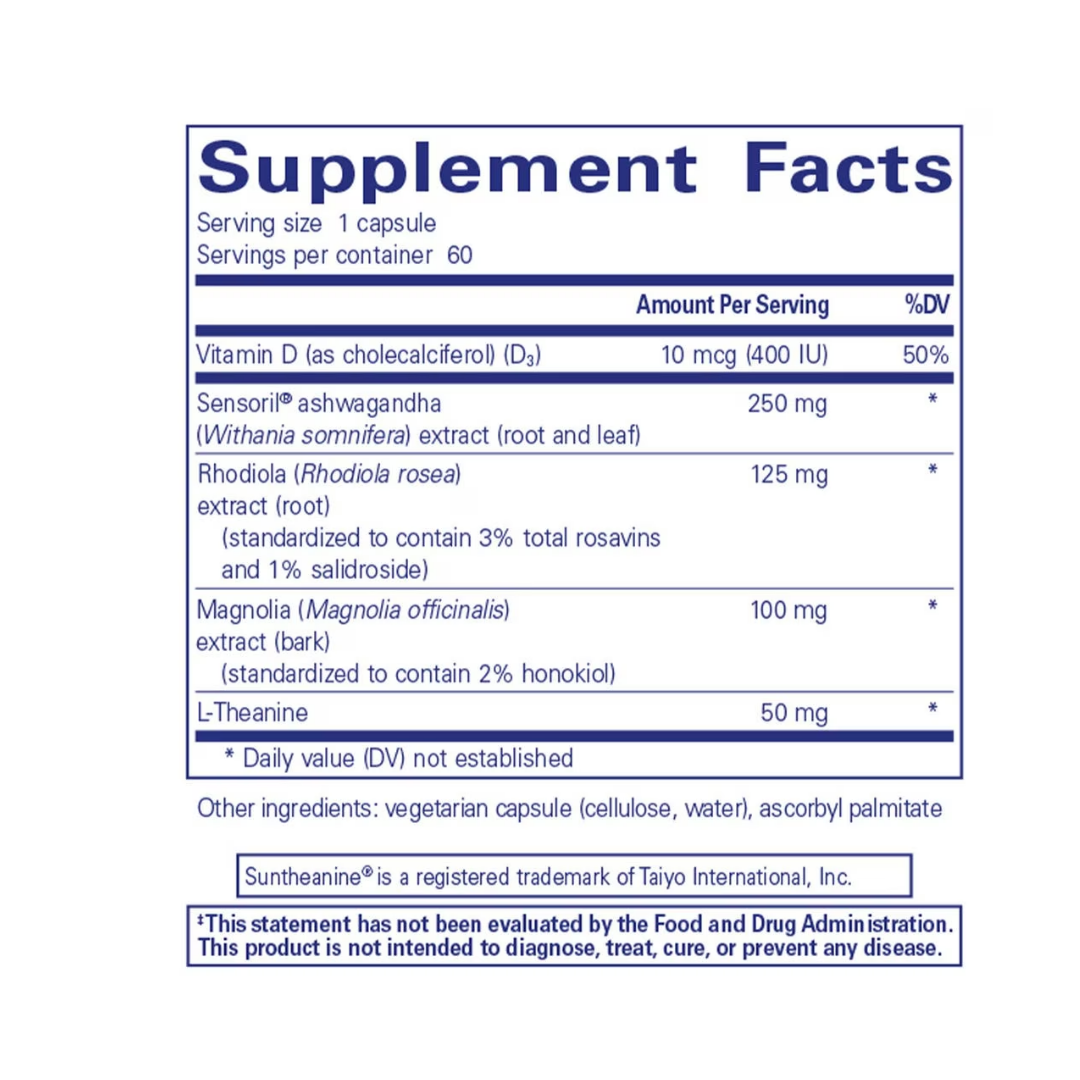 Pure Encapsulations Cortisol Calm label showing supplement facts and usage information