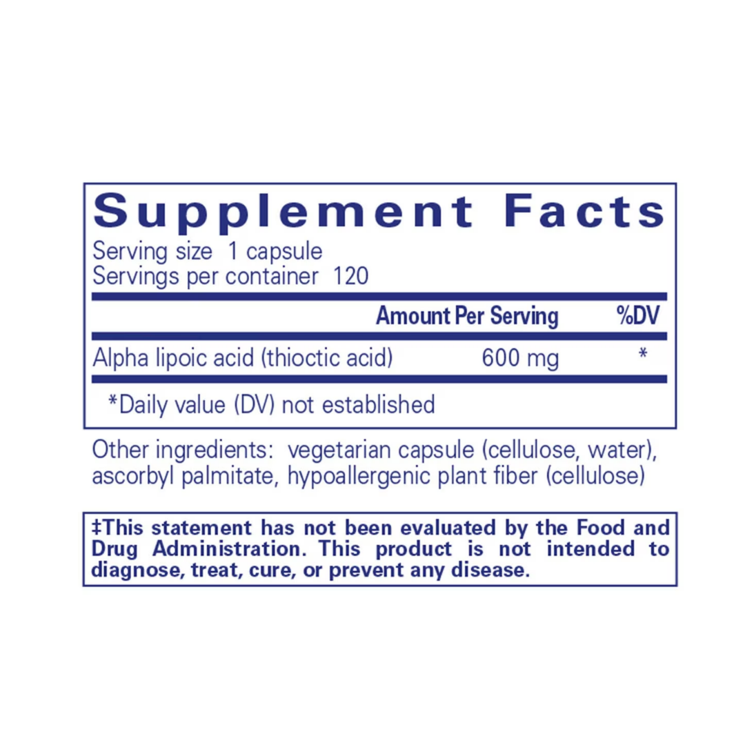 Pure Encapsulations Alpha Lipoic Acid 600 mg label showing supplement facts and usage information